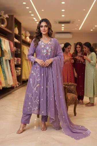 Lavender chanderi embroidered anarkali set