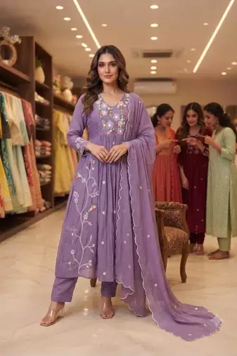 Lavender chanderi embroidered anarkali set
