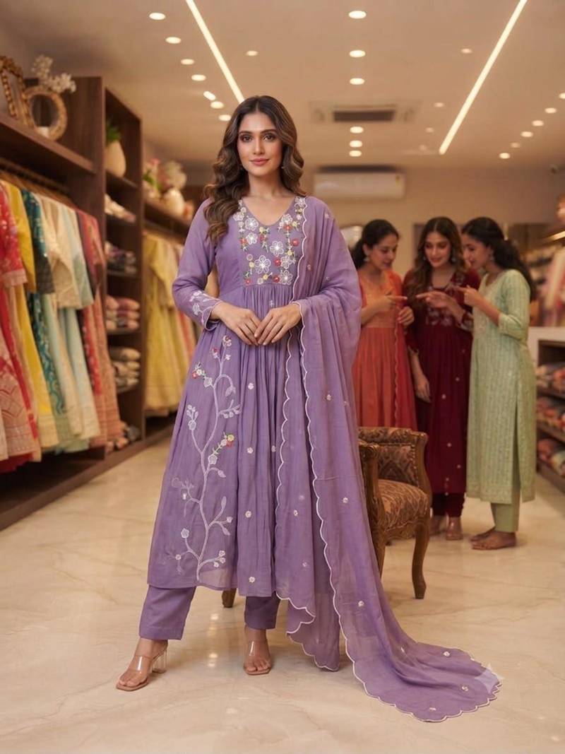 Lavender chanderi embroidered anarkali set