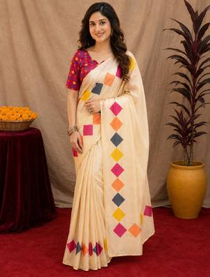  off white pink chanderi cotton blend printed 1 minute ready to wear saree with unstitched blouse piece 1