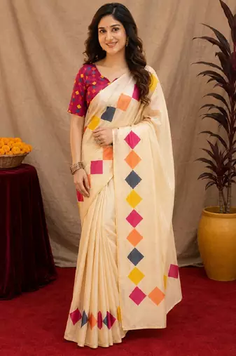  off white pink chanderi cotton blend printed 1 minute ready to wear saree with unstitched blouse piece