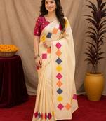  off white pink chanderi cotton blend printed 1 minute ready to wear saree with unstitched blouse piece