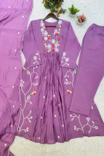 Lavender chanderi embroidered anarkali set