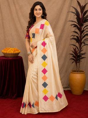  off white pink chanderi cotton blend printed 1 minute ready to wear saree with unstitched blouse piece 2