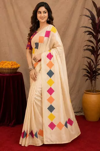  off white pink chanderi cotton blend printed 1 minute ready to wear saree with unstitched blouse piece