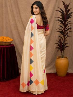  off white pink chanderi cotton blend printed 1 minute ready to wear saree with unstitched blouse piece 3