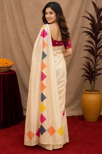  off white pink chanderi cotton blend printed 1 minute ready to wear saree with unstitched blouse piece