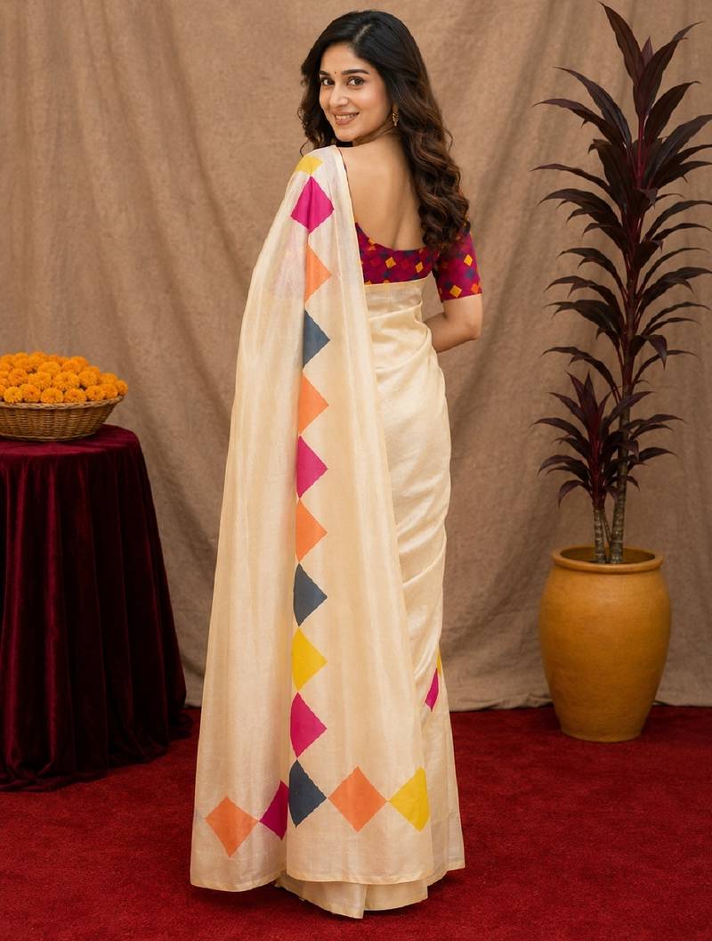  off white pink chanderi cotton blend printed 1 minute ready to wear saree with unstitched blouse piece