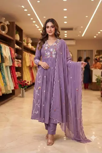 Lavender chanderi embroidered anarkali set