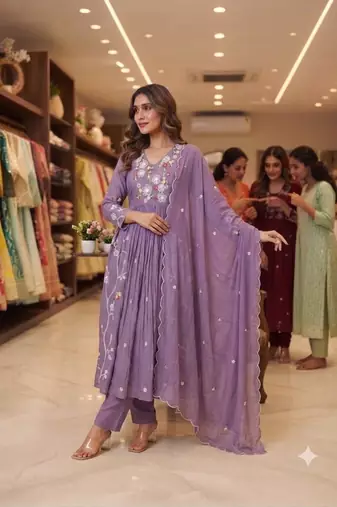 Lavender chanderi embroidered anarkali set