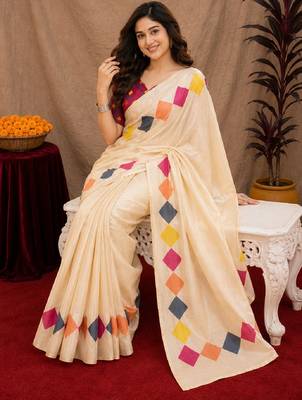  off white pink chanderi cotton blend printed 1 minute ready to wear saree with unstitched blouse piece 4