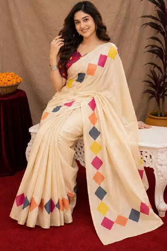  off white pink chanderi cotton blend printed 1 minute ready to wear saree with unstitched blouse piece