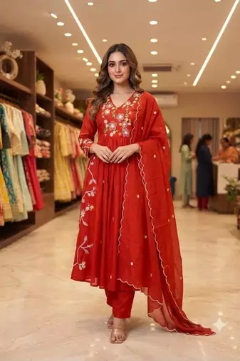 Red chanderi embroidered anarkali set
