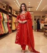 Red chanderi embroidered anarkali set