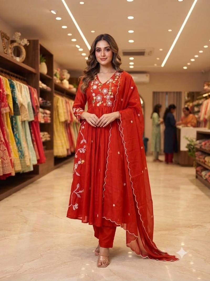 Red chanderi embroidered anarkali set