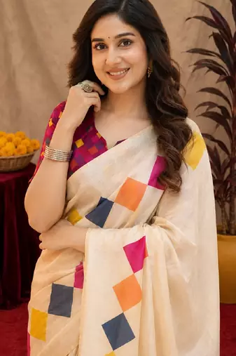  off white pink chanderi cotton blend printed 1 minute ready to wear saree with unstitched blouse piece