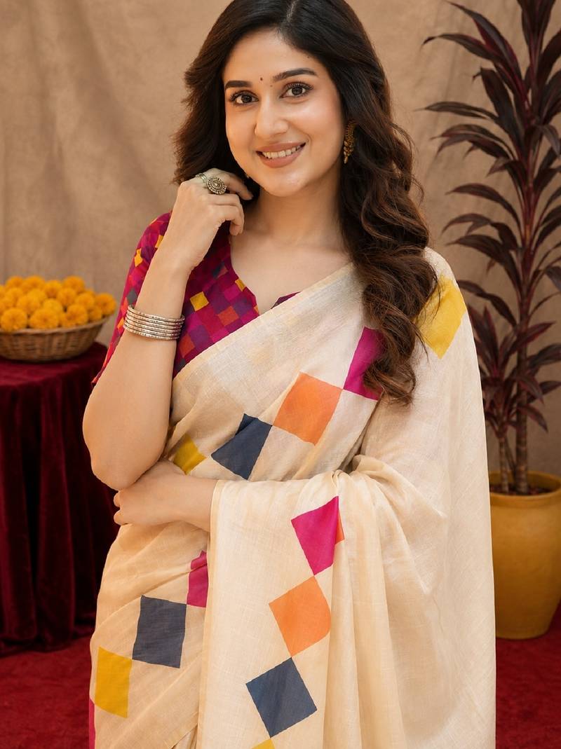  off white pink chanderi cotton blend printed 1 minute ready to wear saree with unstitched blouse piece