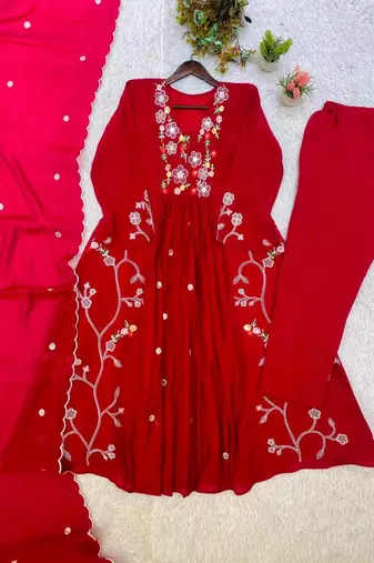Red chanderi embroidered anarkali set