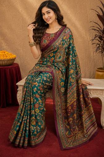  rama purple chanderi cotton blend printed  1 minute ready to wear saree with unstitched blouse piece