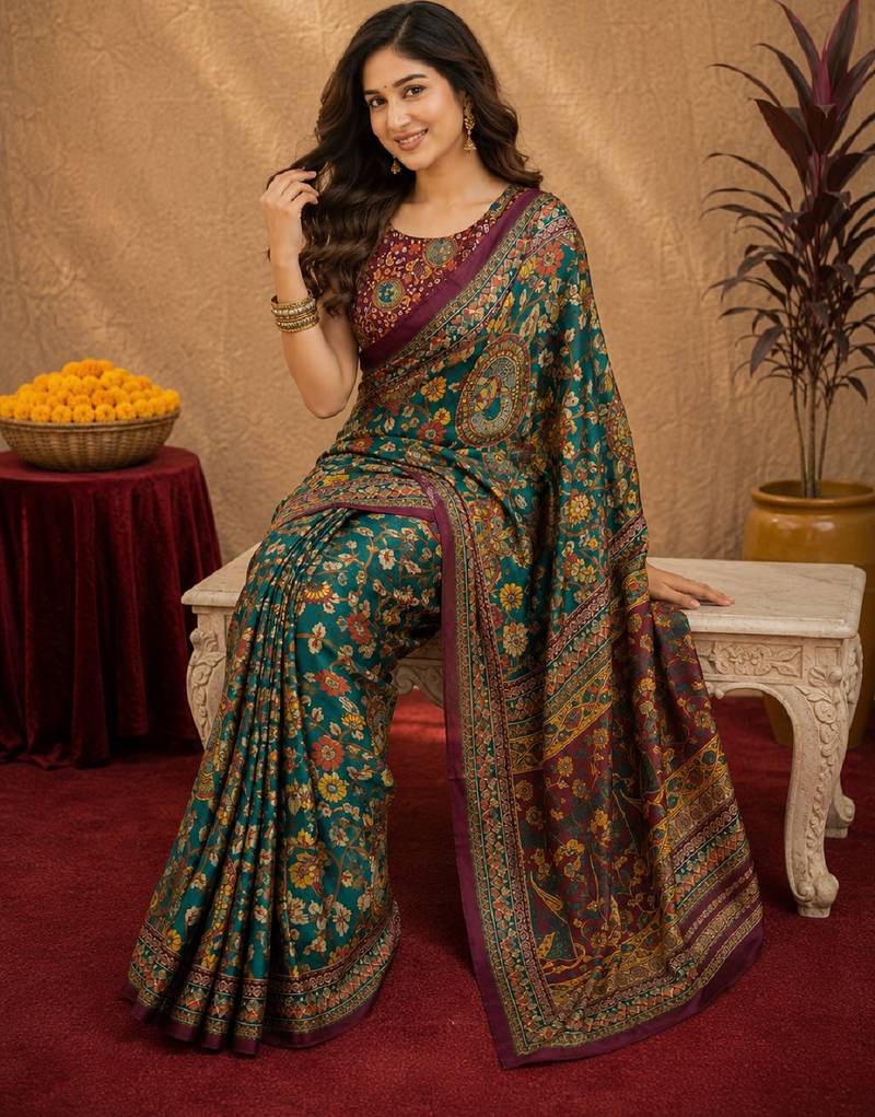  rama purple chanderi cotton blend printed  1 minute ready to wear saree with unstitched blouse piece