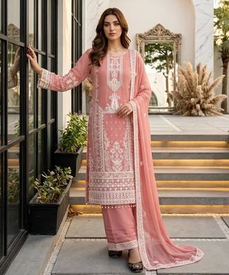 Peach faux georgette embroidered palazzo set 1