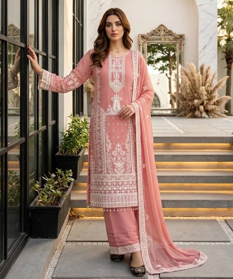 Peach faux georgette embroidered palazzo set