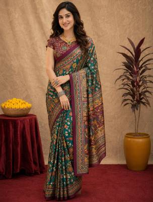  rama purple chanderi cotton blend printed  1 minute ready to wear saree with unstitched blouse piece 2