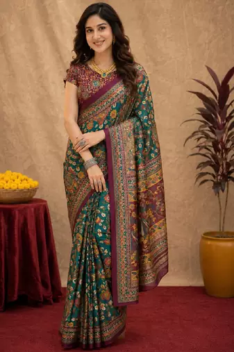  rama purple chanderi cotton blend printed  1 minute ready to wear saree with unstitched blouse piece