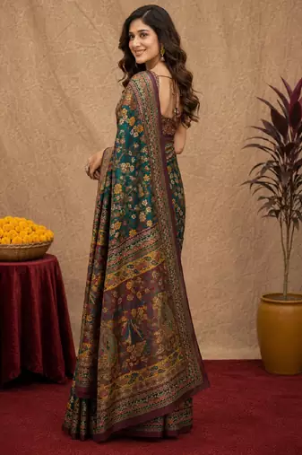  rama purple chanderi cotton blend printed  1 minute ready to wear saree with unstitched blouse piece