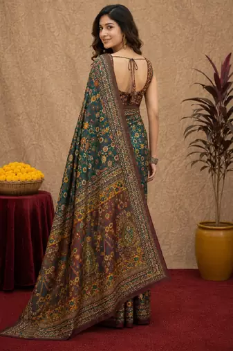  rama purple chanderi cotton blend printed  1 minute ready to wear saree with unstitched blouse piece