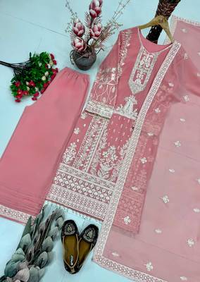 Peach faux georgette embroidered palazzo set 4