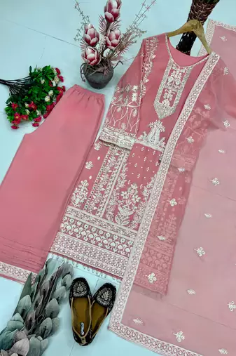 Peach faux georgette embroidered palazzo set