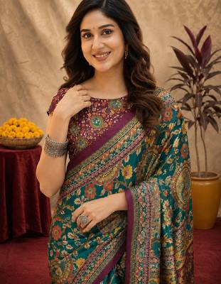  rama purple chanderi cotton blend printed  1 minute ready to wear saree with unstitched blouse piece 5