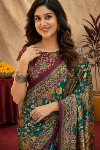  rama purple chanderi cotton blend printed  1 minute ready to wear saree with unstitched blouse piece