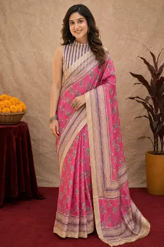  pink white chanderi cotton blend printed  1 minute ready to wear saree with unstitched blouse piece
