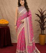  pink white chanderi cotton blend printed  1 minute ready to wear saree with unstitched blouse piece