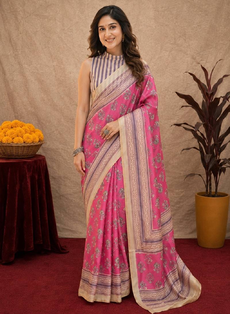  pink white chanderi cotton blend printed  1 minute ready to wear saree with unstitched blouse piece
