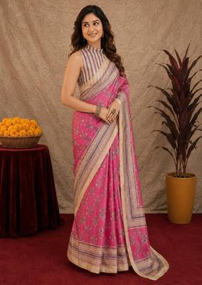  pink white chanderi cotton blend printed  1 minute ready to wear saree with unstitched blouse piece 2