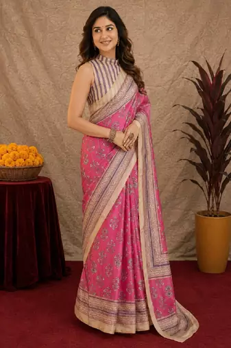  pink white chanderi cotton blend printed  1 minute ready to wear saree with unstitched blouse piece