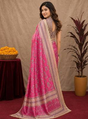  pink white chanderi cotton blend printed  1 minute ready to wear saree with unstitched blouse piece 3