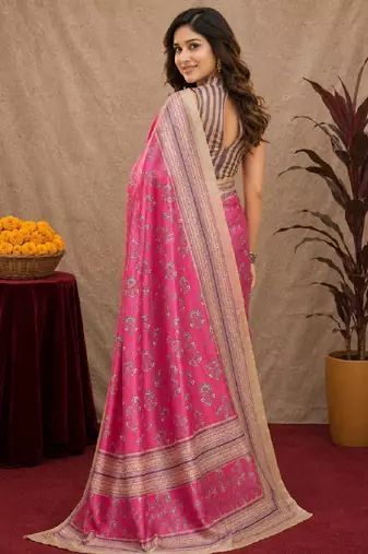  pink white chanderi cotton blend printed  1 minute ready to wear saree with unstitched blouse piece