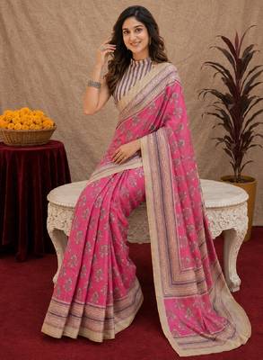  pink white chanderi cotton blend printed  1 minute ready to wear saree with unstitched blouse piece 4