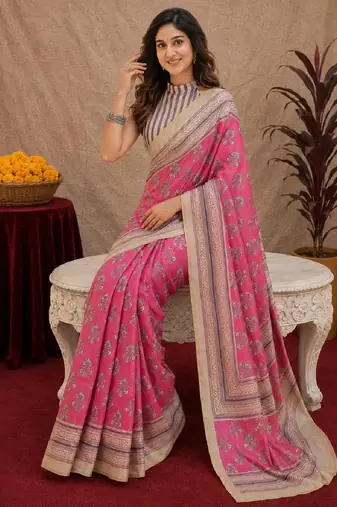  pink white chanderi cotton blend printed  1 minute ready to wear saree with unstitched blouse piece
