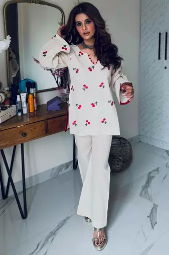White cotton poly embroidered palazzo set