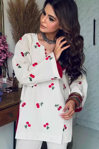 White cotton poly embroidered palazzo set