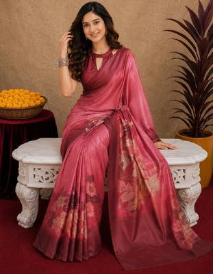  pink maroon chanderi cotton blend printed 1 minute ready to wear saree with unstitched blouse piece 1