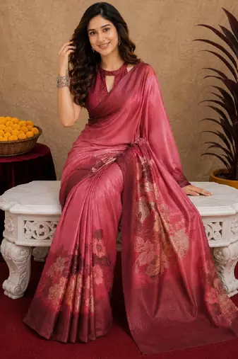  pink maroon chanderi cotton blend printed 1 minute ready to wear saree with unstitched blouse piece