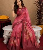  pink maroon chanderi cotton blend printed 1 minute ready to wear saree with unstitched blouse piece
