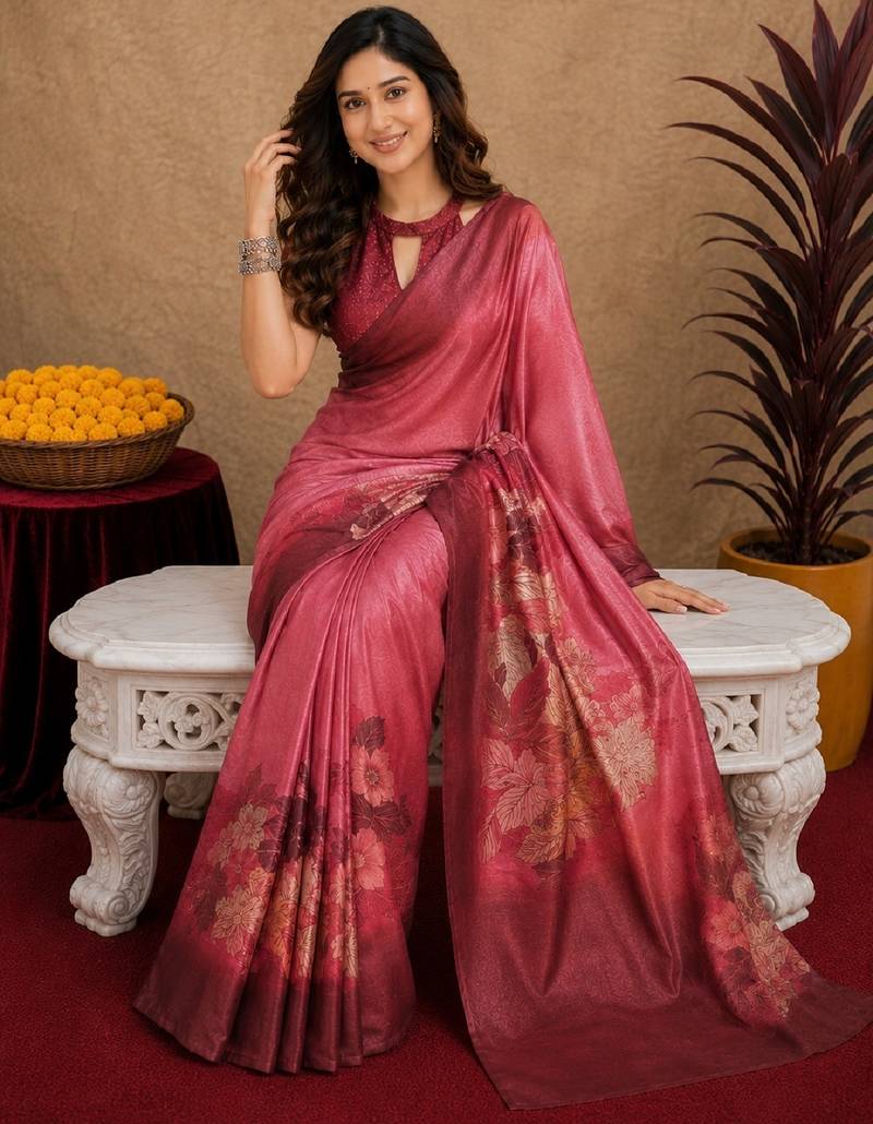  pink maroon chanderi cotton blend printed 1 minute ready to wear saree with unstitched blouse piece