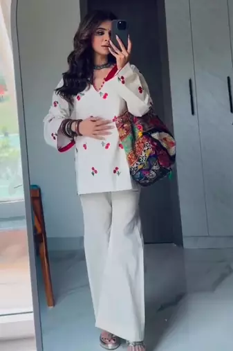 White cotton poly embroidered palazzo set